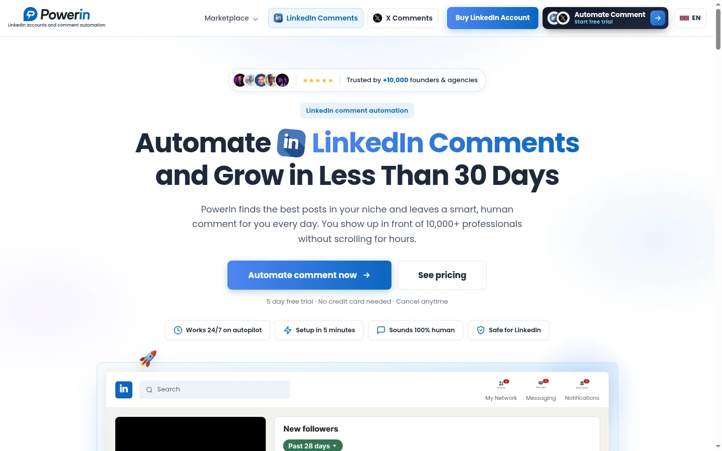 PowerIn finds and comments on posts from selected authors and topics